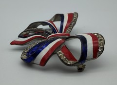 Vintage Large Bow Red White Blue WW2 Silver Tone Clear Rhinestone Pin Brooch
