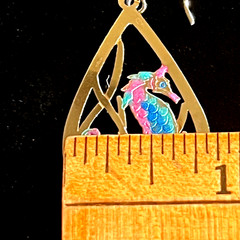 Seahorse Pierced Dangle Earrings Goldtone w/Painted Seahorse Design 14K Wires