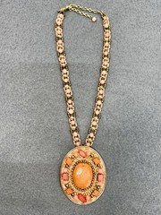 Vintage Chicos Statement Necklace Large Pink Peach Rhinestone Pendant Beaded