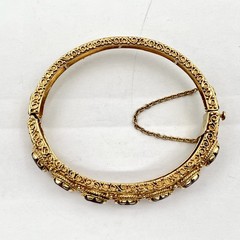 VTG Sydney Berman 13k Yellow Gold Ornate Almandine Garnet 6.5″ Bangle Bracelet
