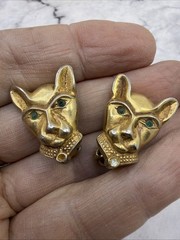 VTG Jackie Collins Panther Earrings Green Eyes Gold Tone Clip Designs Signed