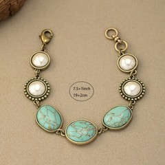 Vibrant Turquoise & Faux Pearl Bohemian Style Zinc Alloy Statement Bracelet Faux
