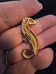 Vintage Monet Gold Tone Seahorse Brooch Rhinestone Eye Nautical Coastal Beach