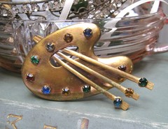 VTG Large ARTIST Palette Brushes BROOCH 1940s Brass RHINESTONE Paint Colors