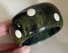 Vtg Spinach Green Marble Polka Dot Bakelite Wide Bangle Bracelet Tested 100grams