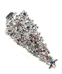Vintage Silver Tone – Pink & Blue Rhinestone Christmas Tree Pin / Brooch