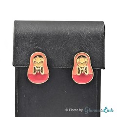 VTG Pink Matryoshka Russian Nesting Doll Enamel Gold Tone Stud Pierced Earrings