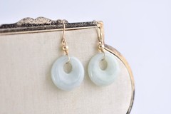 Vintage 10k Gold Light Green Jadeite Jade Bi Disc Circle Earrings