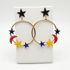 Stars Crescent Moon Colorful Enamel Metal Gold Tone Round Hoop Pierced Earrings