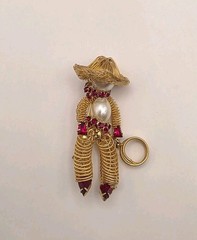 Vintage Signed Weiss Ruby Red Crystal & Faux Pearl Wire Cowboy W/Lasso Brooch