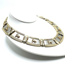 Greco Roman Revival Two Tone Silver Gold Horse Bar Link Collar Necklace Wide VTG