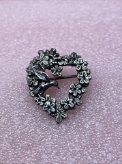 Hummingbird & Flowers ~ Heart ~ Silver-Plated Pewter Brooch ~ Signed MASJ