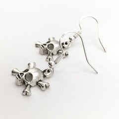 Silver Tone Costume Skull & Crossbones Hook Dangle Earrings #23