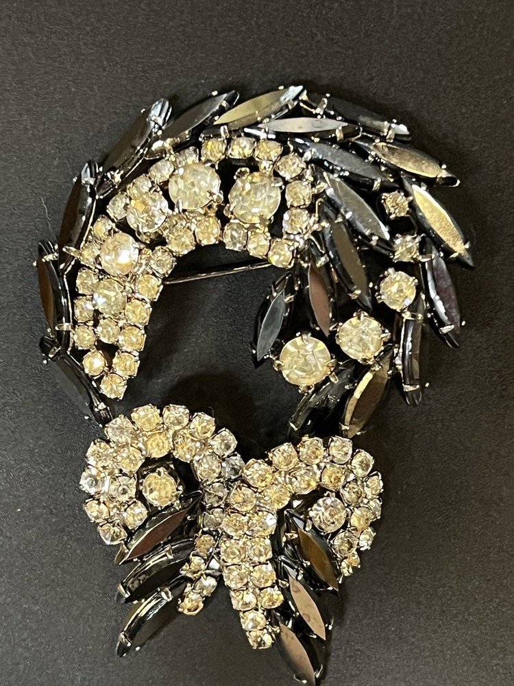 Vintage Julianna Style Demi Parure Crescent Brooch Clip Earrings Clear Jet Stone