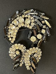 Vintage Julianna Style Demi Parure Crescent Brooch Clip Earrings Clear Jet Stone