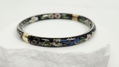 Vintage Chinese Black Cloisonné Enamel Bangle Bracelet Floral Hinged Gilt Brass