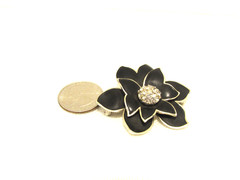 Vintage Rare Designer Pinnino Black Enamel Rhinestone Layered Flower Brooch