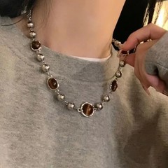 Vintage Leather Brown Stone Pendant Necklace Women’s Retro Stacking Choker