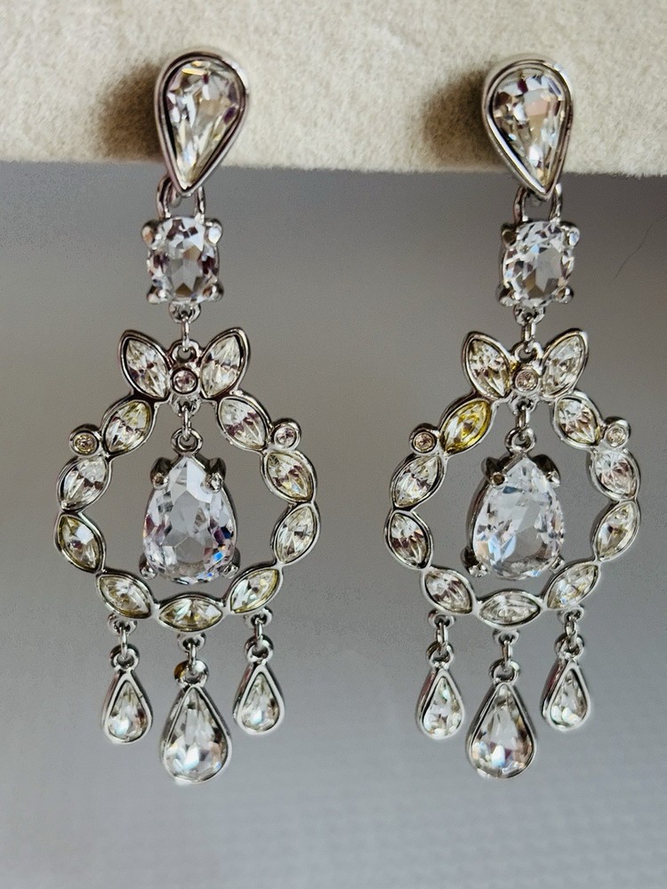 Vintage Swarovski Brand Rhodium Plated Crystal Chandelier Dangle Clip Earrings