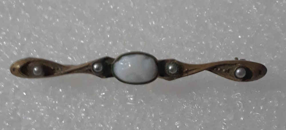 Vintage Metal Bar Pin with Milk Glass Center 2 inches Long