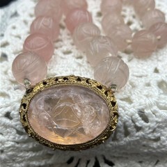 Chinese Export Blush Pink Carved Rose Quartz Necklace Floral Pendant 17 Inches