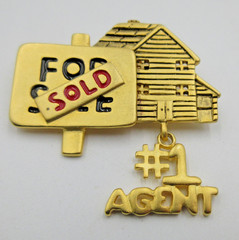 VTG SIGNED TONA FOR SALE HOUSE #1 AGENT CHARM red black gold tone Brooch Pin