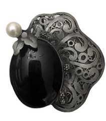 Vintage Filigree Silver Tone Black Onyx Pearl Brooch Antique Large