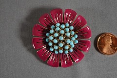 Vtg Petal Enamel Blue Plastic Ballotini Bead Stone Flower Brooch