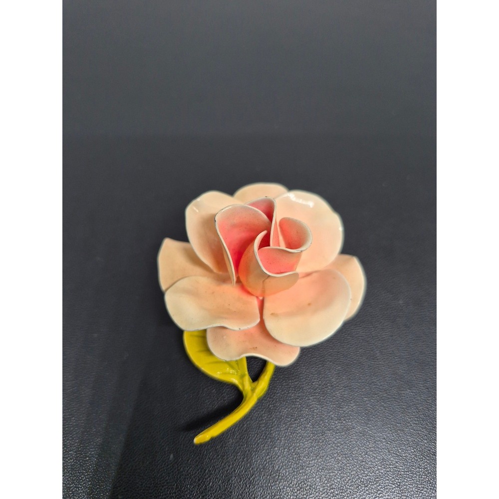 Vintage Rose Brooch Peach Pink Enamel Flower Pin Floral Botanical