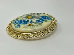 Vintage Goldtone Blue Flowers Floral Printed Milk Glass Inset Brooch Pin