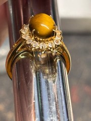 Size 7 TIGERS EYE oval Clear Rhinestone COCKTAIL RING DO 18Kt GE gold plate