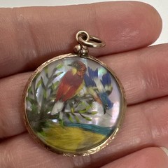 Antique Victorian Gold Filled Mother Of Pearl Bird Feather Round Etched Pendant