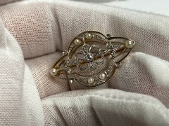 18k Gold Antique Pre-1870 European Rose Cut Diamond & Pearl Brooch, DS Lavender