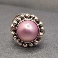Vintage Masha Archer Sterling Silver Pink Mabe Pearl Ring Size 7 Brutalist