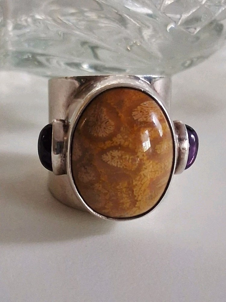 OBSIDIAN BRAND Fossil Coral & Amethyst Statement Ring Size 8 Sterling Silver