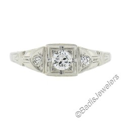 Antique Art Deco 18k White Gold 0.24ctw European Diamond Milgrain Engraved Ring