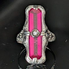 1920s Art Deco Diamond Lab Created Ruby 14 White Gold Cocktail Ring Antique