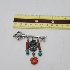 Vintage Chinese Chatelaine Key Brooch Pin Silver Turquoise Coral Carnelian Jade