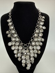 Vintage Cascading Rhinestone Cocktail Bib Necklace Silver Tone Adjustable Length