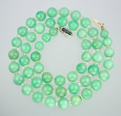 Antique Art Deco Gold Sapphire Green Jadeite Jade Rock Crystal Bead Necklace GIA