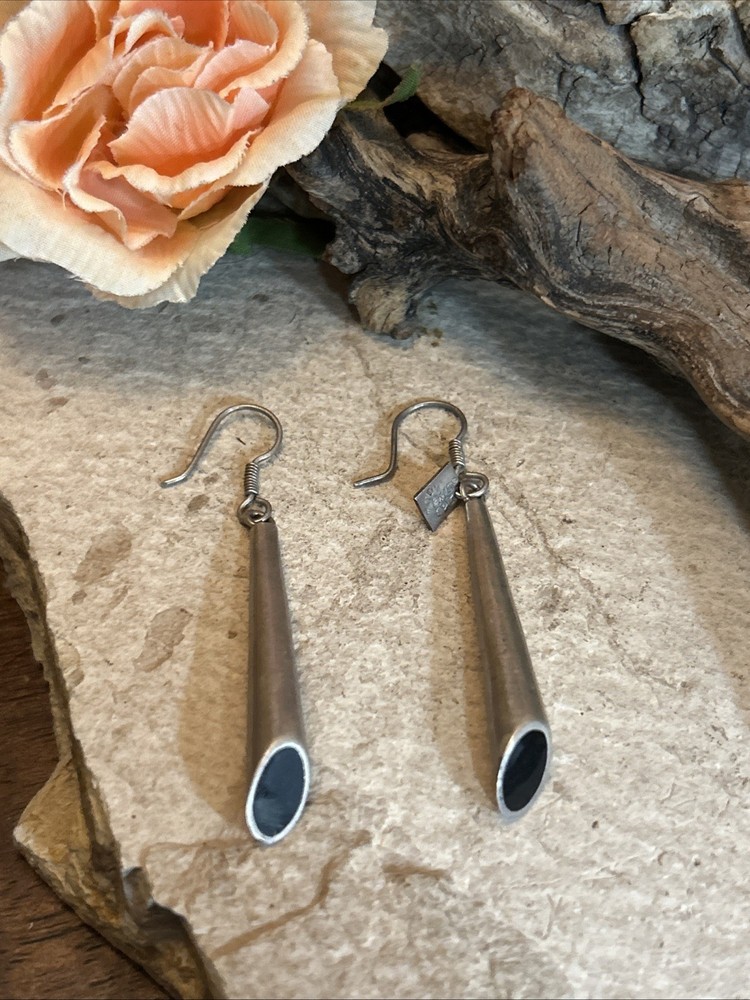 50. TAXCO 925 Sterling Black Onyx Inlay Elongated Cone Hook Earrings 62mm, 11.4
