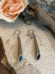 50. TAXCO 925 Sterling Black Onyx Inlay Elongated Cone Hook Earrings 62mm, 11.4