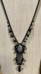 D&E Juliana Book Piece Long Black Rhinestone Floral Transfer Gun Metal Necklace