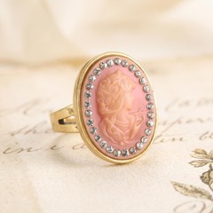 Vintage Pink Cameo Ring, Antique Gold Statement Ring, Rhinestone Halo