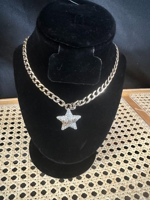 Vintage Juicy Couture Rhinestone Star Pendant Necklace Y2K Silver Tone Chunky