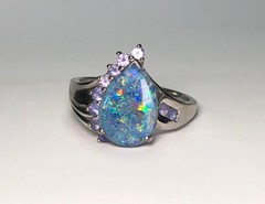 Vintage Estate BLACK-BLUE AUSTRALIAN FIRE OPAL & Tanzanites Sterling Silver Ring