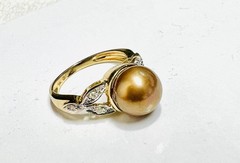 Vintage 14K Yellow Gold 9mm Cultured Pearl &.05 Tcw. Diamond Ladies Ring Sz 6