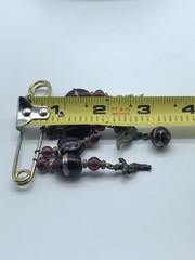 Vintage Charm Holder Safety Pin Brooch Dangling Purple Beaded Hearts Cupid Angel