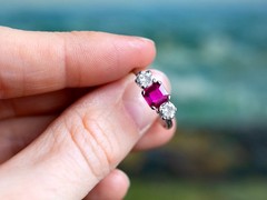 Antique 0.60Ct Burmese Ruby and 0.66Ct Diamond Platinum Trilogy Ring Circa 1915