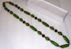 Vintage Givenchy Egyptian Revival Carved Green Faux Jade Lucite 32″ Necklace